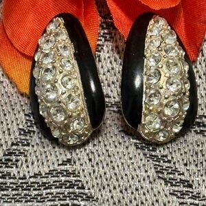 Vintage Black Enamel and Rhinestone Clip on Earrings